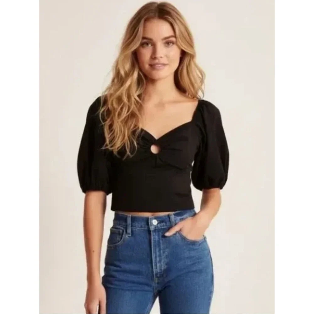 Abercrombie & Fitch Puff Sleeve Poplin O-Ring Cropped Blouse | Black | Small